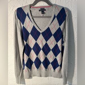 Tommy Hilfiger Grey Blue Argyle Pattern Pullover Pima Cotton Jumper/Sweater